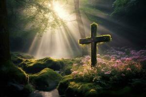 Wooden cross in the forest with sunlight in the morning AI generated photo