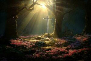 Wooden cross in the forest with sunlight in the morning AI generated photo