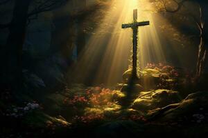 Wooden cross in the forest with sunlight in the morning AI generated photo