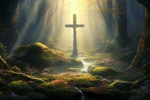 Wooden cross in the forest with sunlight in the morning AI generated photo