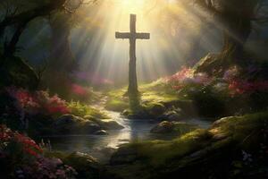 Wooden cross in the forest with sunlight in the morning AI generated photo