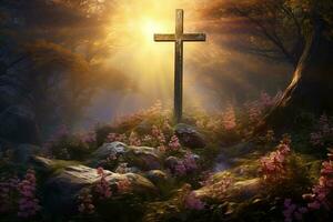 Wooden cross in the forest with sunlight in the morning AI generated photo