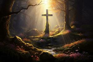 Wooden cross in the forest with sunlight in the morning AI generated photo