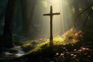 Wooden cross in the forest with sunlight in the morning AI generated photo