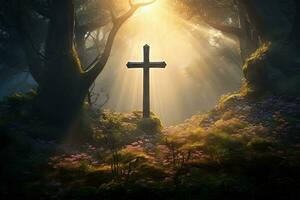 Wooden cross in the forest with sunlight in the morning AI generated photo