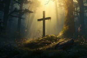 Wooden cross in the forest with sunlight in the morning AI generated photo