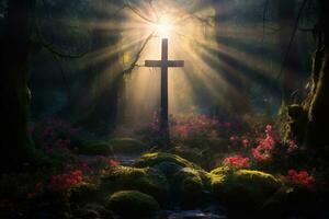 Wooden cross in the forest with sunlight in the morning AI generated photo