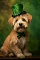 Cute puppy in green top hat. St. Patrick's Day. AI generated photo