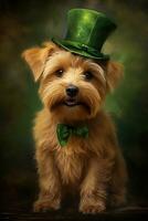 Cute puppy in green top hat. St. Patrick's Day. AI generated photo