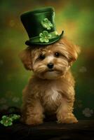 Cute puppy in green top hat. St. Patrick's Day. AI generated photo