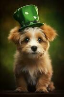 Cute puppy in green top hat. St. Patrick's Day. AI generated photo