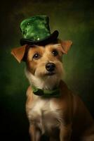 Cute puppy in green top hat. St. Patrick's Day. AI generated photo