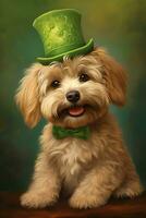 Cute puppy in green top hat. St. Patrick's Day. AI generated photo