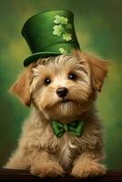 Cute puppy in green top hat. St. Patrick's Day. AI generated photo