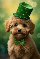 Cute puppy in green top hat. St. Patrick's Day. AI generated photo