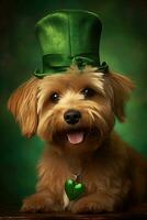 Cute puppy in green top hat. St. Patrick's Day. AI generated photo