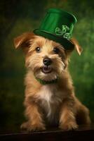 Cute puppy in green top hat. St. Patrick's Day. AI generated photo