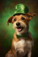 Cute puppy in green top hat. St. Patrick's Day. AI generated photo