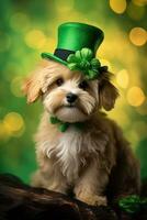 Cute puppy in green top hat. St. Patrick's Day. AI generated photo