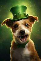 Cute puppy in green top hat. St. Patrick's Day. AI generated photo