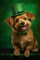 Cute puppy in green top hat. St. Patrick's Day. AI generated photo