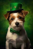 Cute puppy in green top hat. St. Patrick's Day. AI generated photo