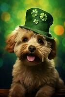 Cute puppy in green top hat. St. Patrick's Day. AI generated photo