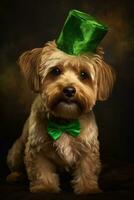 Cute puppy in green top hat. St. Patrick's Day. AI generated photo