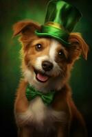 Cute puppy in green top hat. St. Patrick's Day. AI generated photo