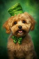 Cute puppy in green top hat. St. Patrick's Day. AI generated photo