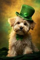 Cute puppy in green top hat. St. Patrick's Day. AI generated photo