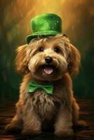 Cute puppy in green top hat. St. Patrick's Day. AI generated photo