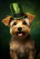 Cute puppy in green top hat. St. Patrick's Day. AI generated photo