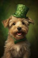 Cute puppy in green top hat. St. Patrick's Day. AI generated photo