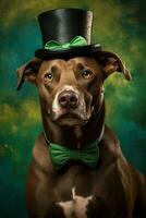 Cute puppy in green top hat. St. Patrick's Day. AI generated photo