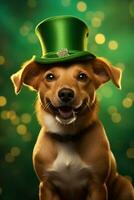 Cute puppy in green top hat. St. Patrick's Day. AI generated photo