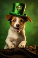 Cute puppy in green top hat. St. Patrick's Day. AI generated photo