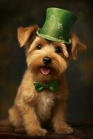 Cute puppy in green top hat. St. Patrick's Day. AI generated photo