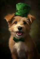 Cute puppy in green top hat. St. Patrick's Day. AI generated photo