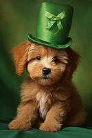 Cute puppy in green top hat. St. Patrick's Day. AI generated photo