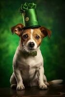 Cute puppy in green top hat. St. Patrick's Day. AI generated photo