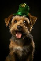 Cute puppy in green top hat. St. Patrick's Day. AI generated photo