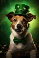 Cute puppy in green top hat. St. Patrick's Day. AI generated photo