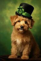 Cute puppy in green top hat. St. Patrick's Day. AI generated photo