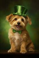 Cute puppy in green top hat. St. Patrick's Day. AI generated photo