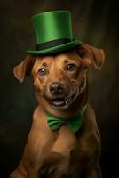 Cute puppy in green top hat. St. Patrick's Day. AI generated photo