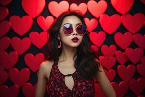 San Valentín día. retrato de hermosa joven asiático mujer en Gafas de sol en rojo antecedentes con corazones. ai generado foto