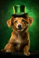 Cute puppy in green top hat. St. Patrick's Day. AI generated photo