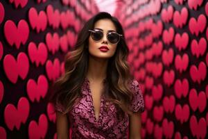 San Valentín día. retrato de hermosa joven asiático mujer en Gafas de sol en rojo antecedentes con corazones. ai generado foto