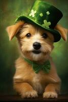 Cute puppy in green top hat. St. Patrick's Day. AI generated photo
